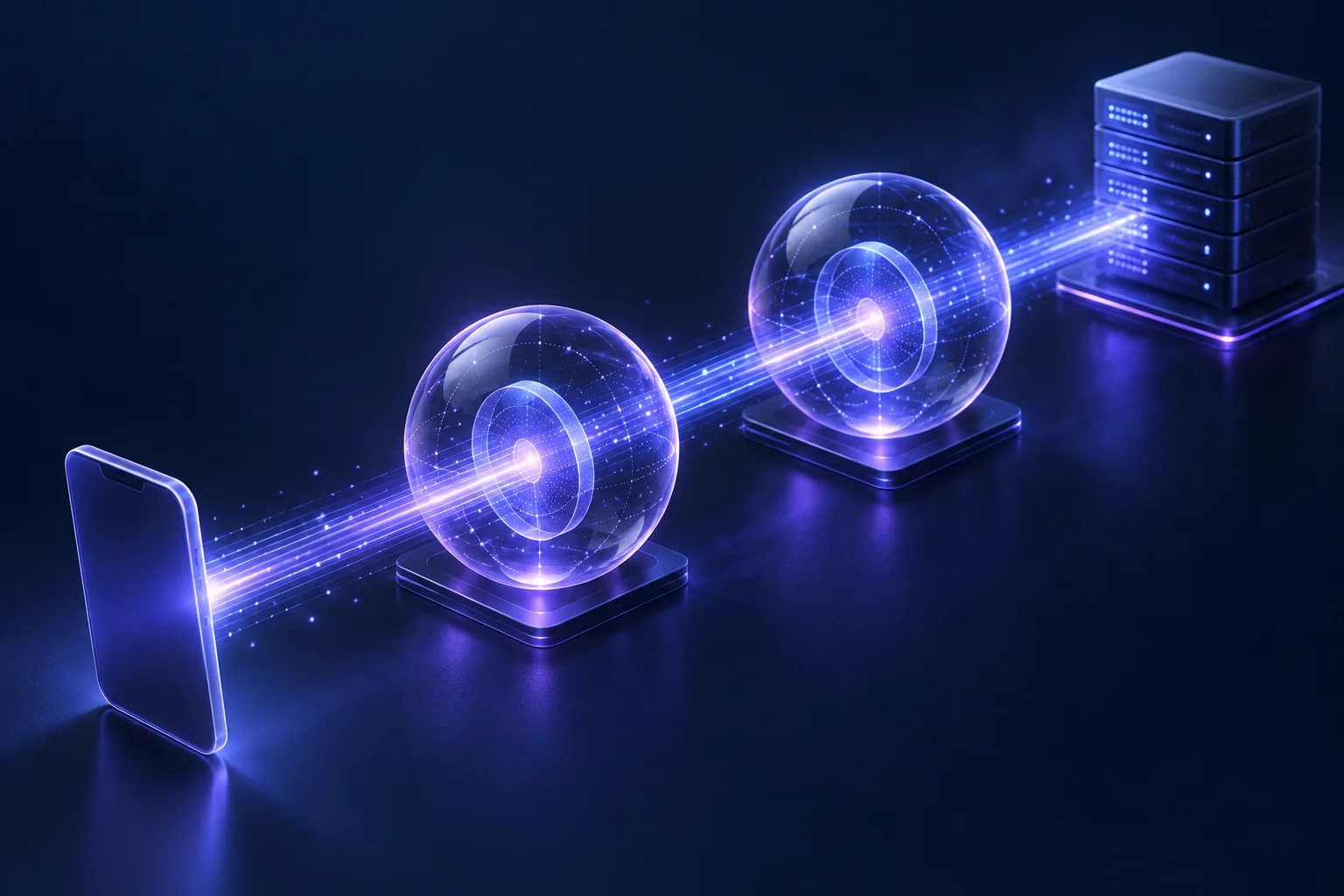 Abstract two-hop relay with a light beam passing through two spheres, representing iCloud Private Relay and Cloudflare WARP traffic