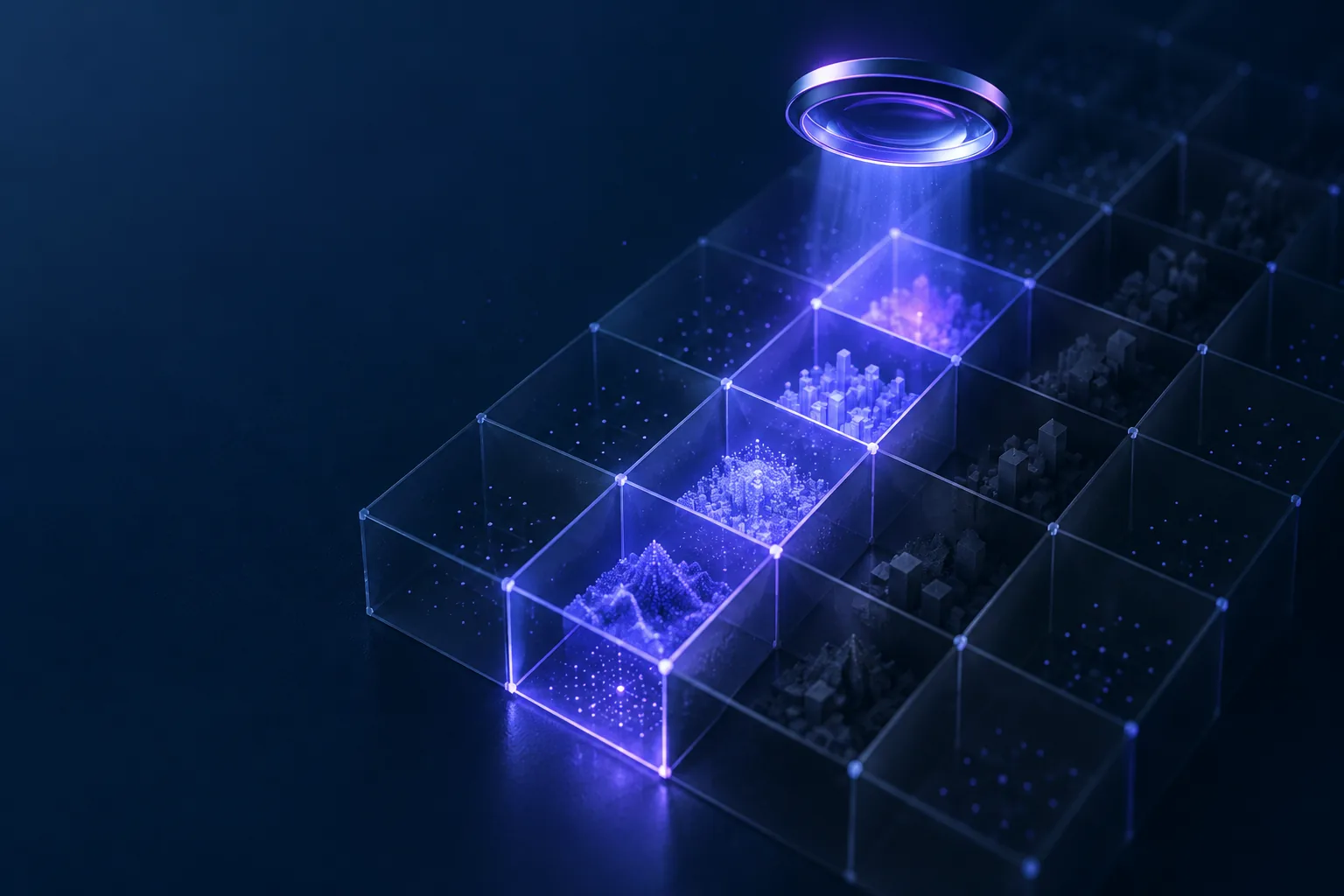 A grid with one lit column under a lens and one dark column, representing invalid traffic categories an IP check can see and the ones it cannot
