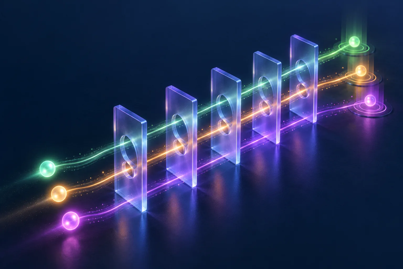 Three streams of light entering one stack of filters and leaving as three separate paths in different colors, representing three IP addresses reaching block, step up and allow