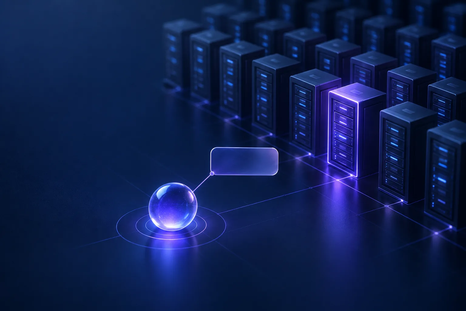 Abstract server node with a glowing tag attached, representing how an IP is matched to a VPN provider's published server list