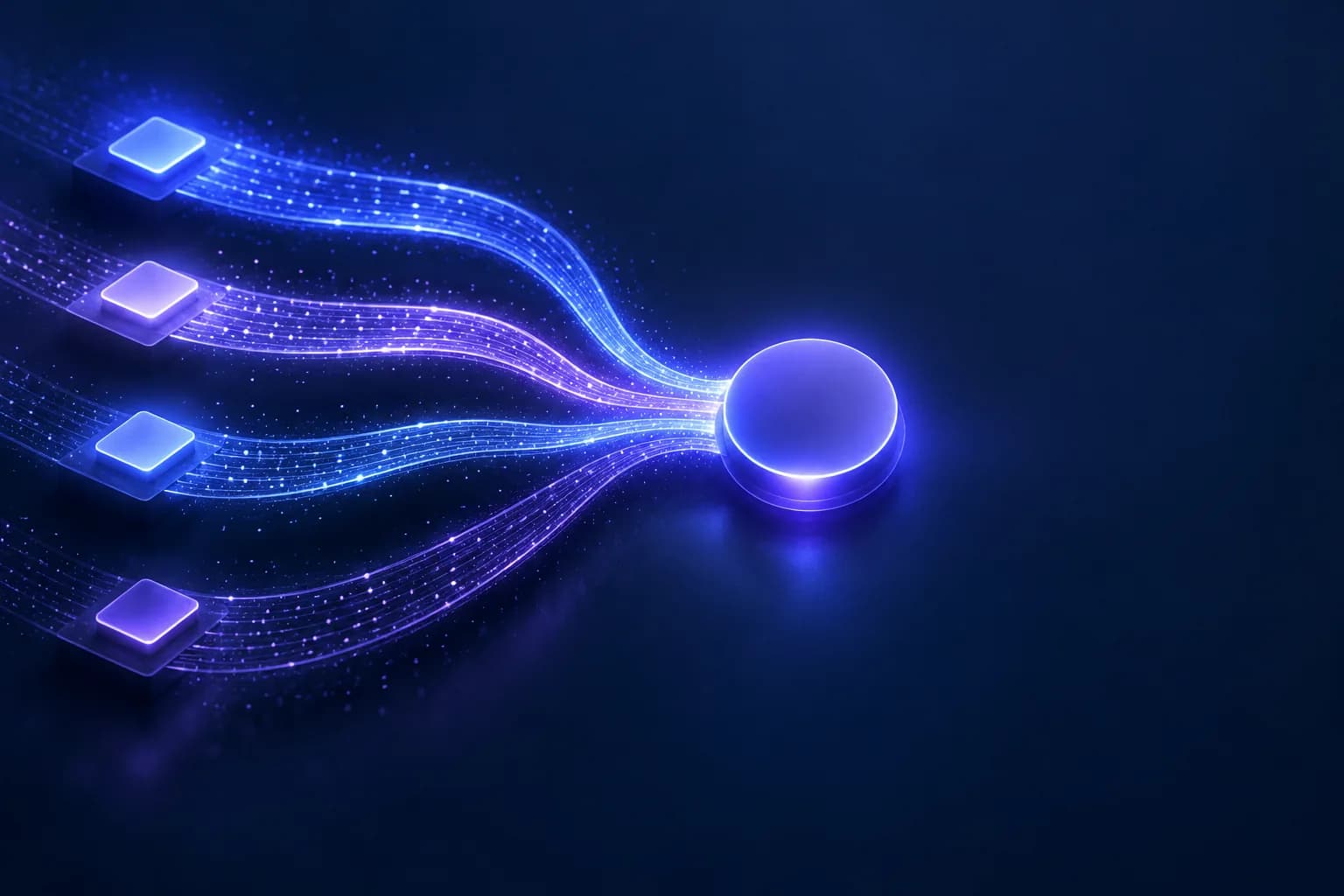 Four converging light paths of different brightness meeting at one node, representing the four ways a VPN provider gets named