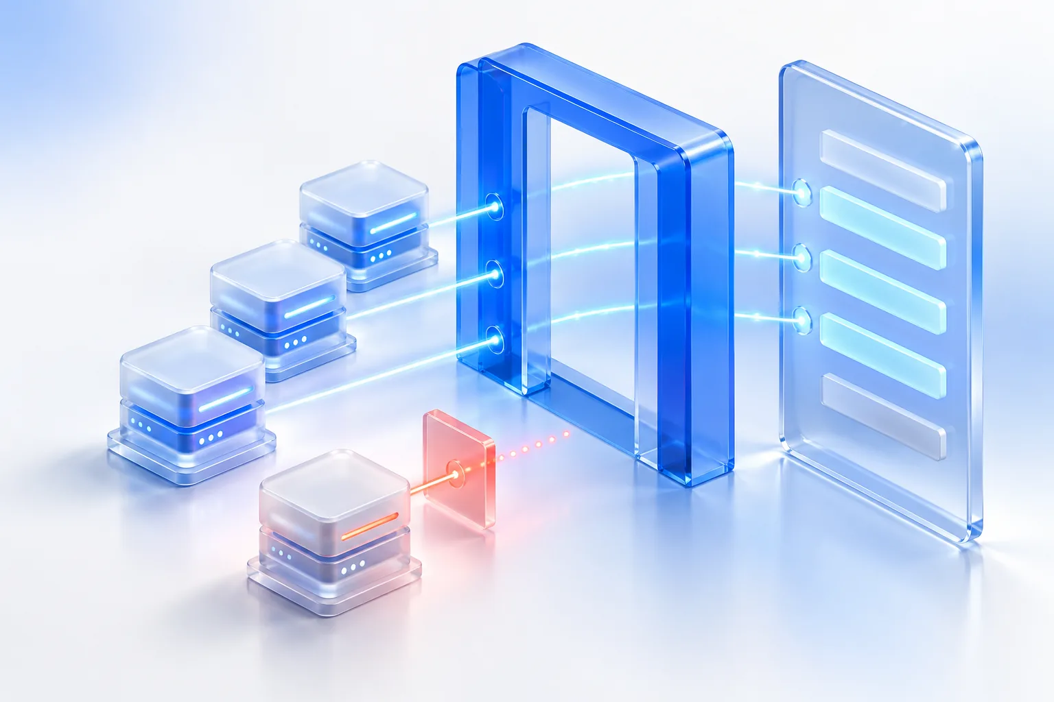 Three glass server nodes send beams through a blue glass gate to matching bars on a glass panel, while a fourth node glows red and stops at a small barrier, representing crawler addresses checked against an operator's published range file