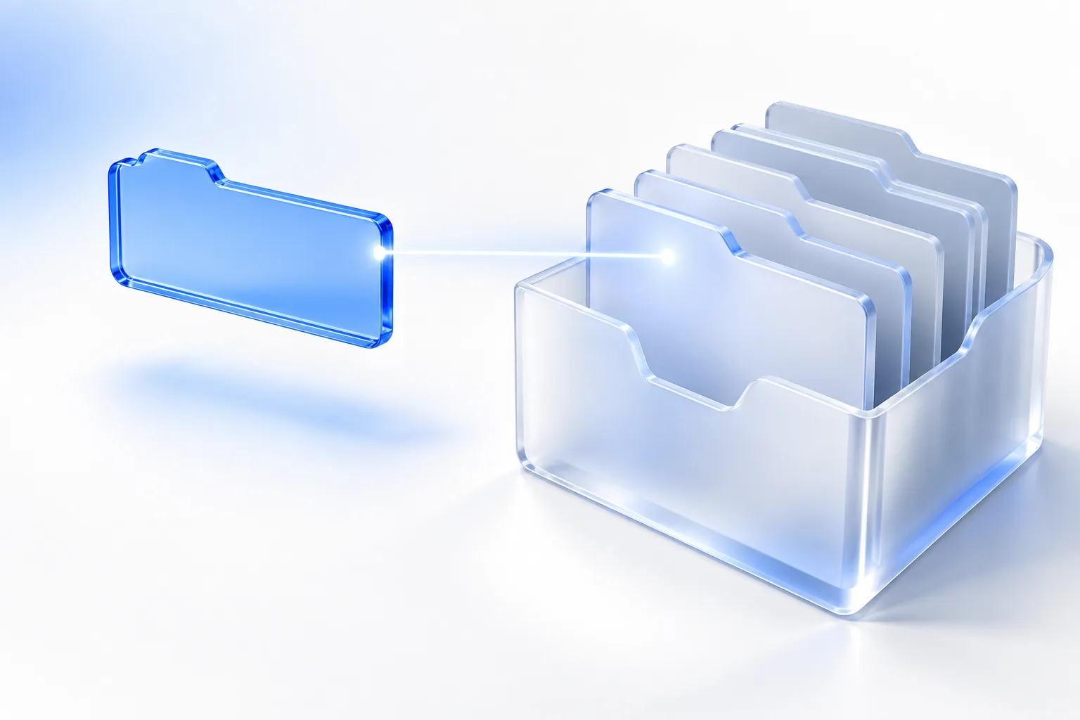 A blue glass tab joined by a thin beam of light to the front card in a frosted glass file box, representing a bot's claimed name checked against its operator's own file