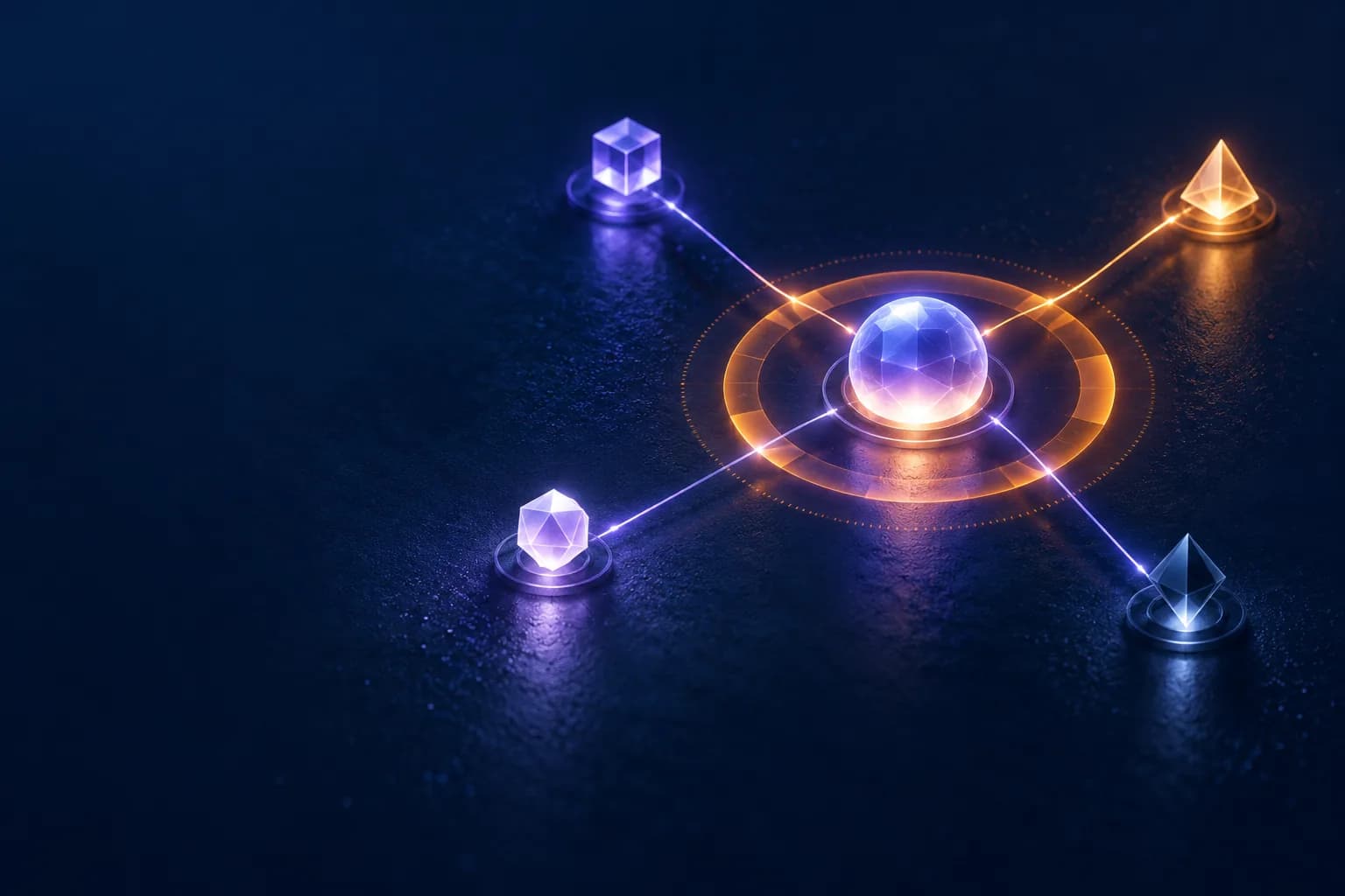 A node with an amber warning ring and four threads to markers of different brightness, representing the reasons an IP address gets flagged as a VPN or proxy