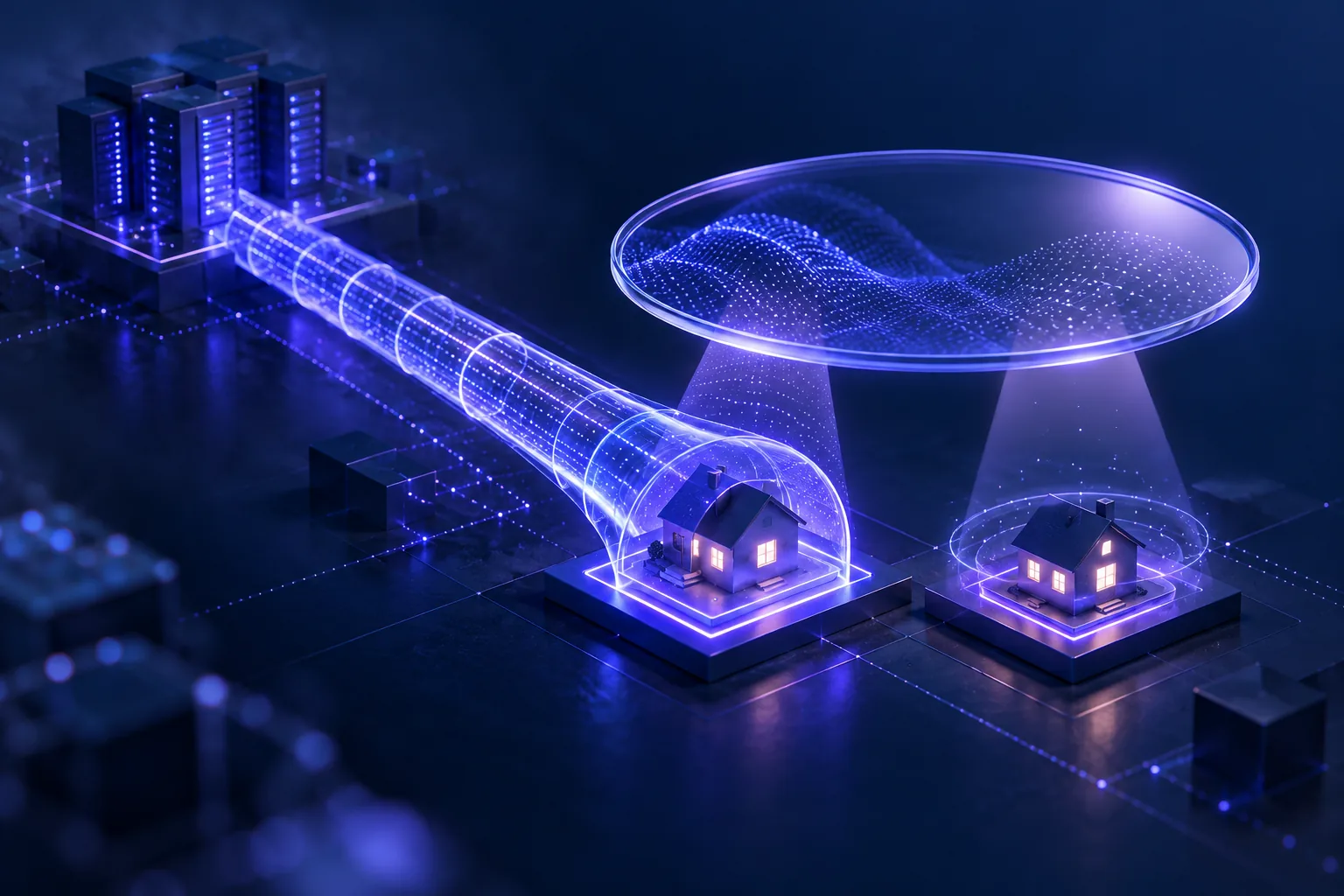 A node wrapped in a tunnel of light beside a plain node under a lens, representing a real VPN exit next to an ordinary address that looks like one