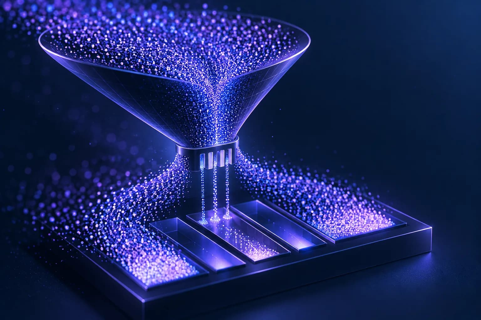 Isometric illustration of click traffic flowing past a small gate of exclusion slots into a scoring stage